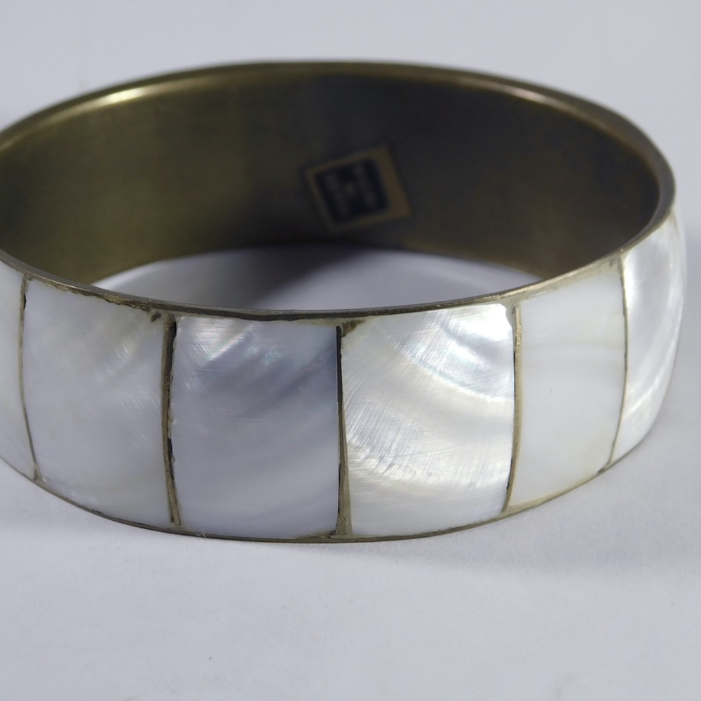 Vintage Brass and Mother of Pearl Bangle Bracelet